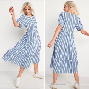 Midi Swing Dress with Pockets Blue Striped Tiered Puff Sleeves Nap Dress EUC
